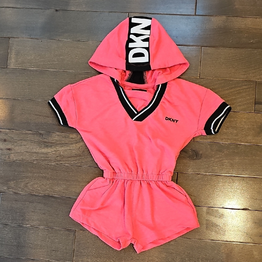 DKNY Girls Bright Pink Hooded Romper, Size 2T